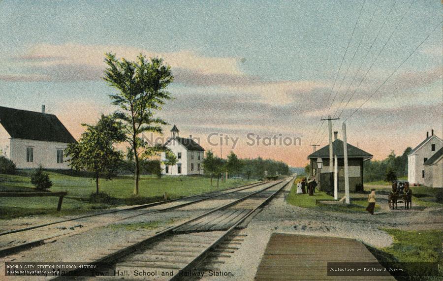 Postcard: Hancock, Maine.  Town Hall, School and Railway Station